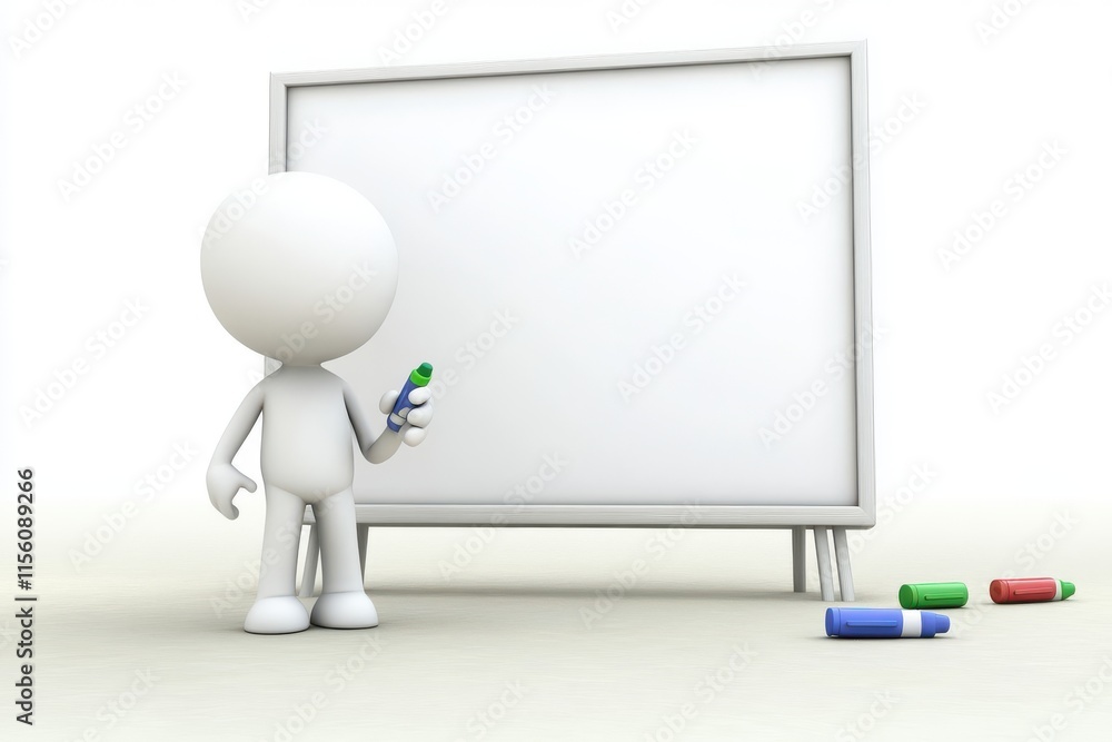 Poster a 3d character holding a marker stands next to a blank whiteboard, ready to write or draw in a creat