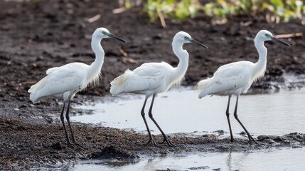 Obraz premium Three Elegant White Birds Walking Along a Water's Edge in a Natural Habitat, Displaying Graceful Postures and Soft Feathers in a Serene Environment