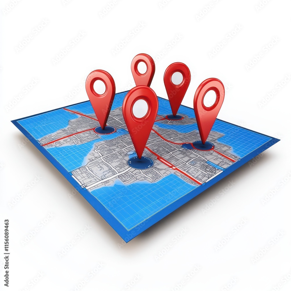 Poster a 3d illustration of a map featuring multiple red location pins, symbolizing navigation and location