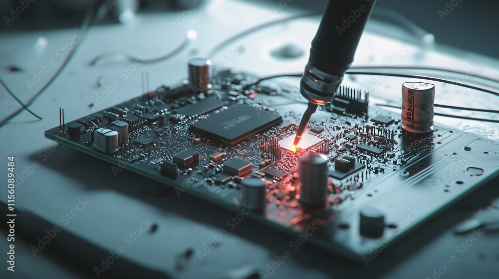 Poster close-up of an electronic circuit board with a blue motherboard, microchip, and processor showing in