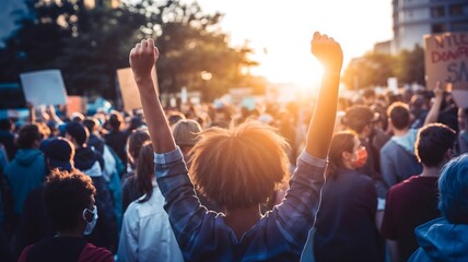 Peaceful demonstration captured during sunset, diverse crowd standing for change, silhouettes of raised fists and banners against golden sky dramatic lighting highlighting solidarity