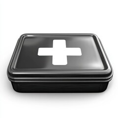 Obraz premium A sleek black first aid kit with a prominent white medical cross on its lid, symbolizing health and safety.