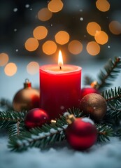 A glowing red candle surrounded by Christmas ornaments, pine branches, and snow.