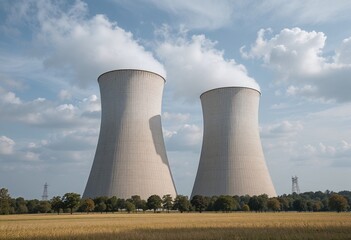 Fototapeta premium Nuclear power plant cooling towers emitting steam under a cloudy sky in a rural landscape.