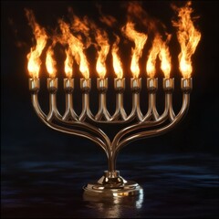 Fototapeta premium A radiant menorah with flames shooting from each candle, symbolizing light and celebration during Hanukkah.