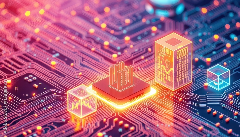 Poster digital tech illustration app modernization. ai growth, digital transformation visualized on glowing