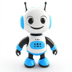 A cheerful, cartoon-style robot featuring a white and blue design, poised and ready to engage with a friendly expression.