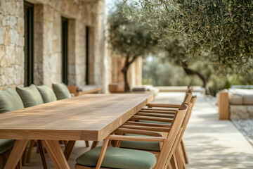 Outdoor dining area with modern wooden furniture in a garden