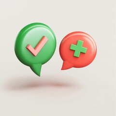 Fototapeta premium Two colorful speech bubbles: a green check mark for approval and a red plus sign for addition, symbolizing positive interaction.