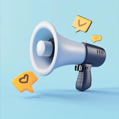 A 3D illustration of a gray megaphone with vibrant social media icons in a soft blue background.