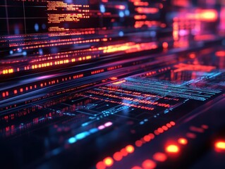 Obraz premium Software development code projected as a holographic interface over a futuristic desk, digital environment, glowing data streams, sleek and modern design
