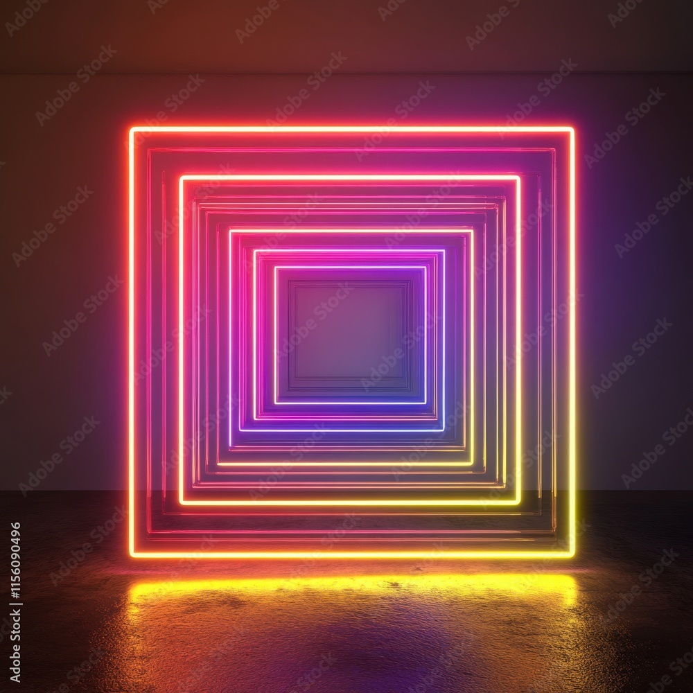Poster a vibrant display of concentric neon squares radiating colorful light in a dark setting, creating a 