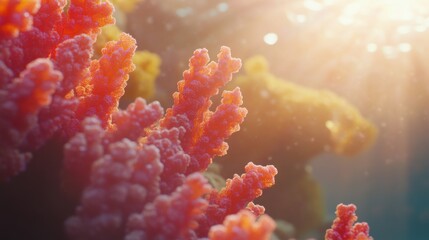 Fototapeta premium Vibrant Coral Reef Underwater Scene with Sunlight Filtering Through Water, Showcasing Vivid Marine Life and Colorful Coral Structures