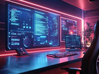 Fototapeta premium Tech startup workspace with holographic project boards, team collaboration in a futuristic setting, neon-lit atmosphere, sharp digital elements, sleek modern design