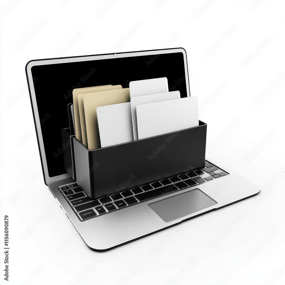 Poster a modern laptop with a stylish file organizer overflowing with documents and folders, symbolizing di