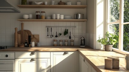 Sunlit Kitchen Corner: Warmth and serenity fill this inviting kitchen space, bathed in natural light streaming through a large window.