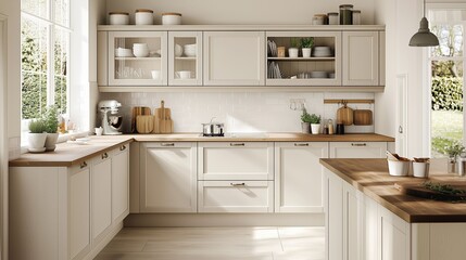 Modern Kitchen with Warm Wood Accents: A bright, inviting kitchen with a modern design featuring white cabinets, a warm wood countertop, and natural light streaming in through a large window.