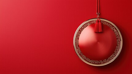 Elegant red gong on vibrant background with golden accents and tassel