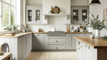 Serene Farmhouse Kitchen: Light Grey Cabinets and Wooden Countertops 