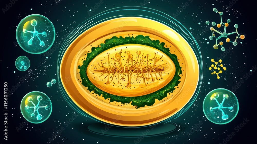 Poster microscopic view of a bacterium cell with detailed internal structures and surrounding molecules.