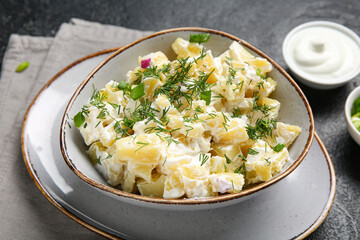 Bowl of tasty potato salad with sauce and dill on black background