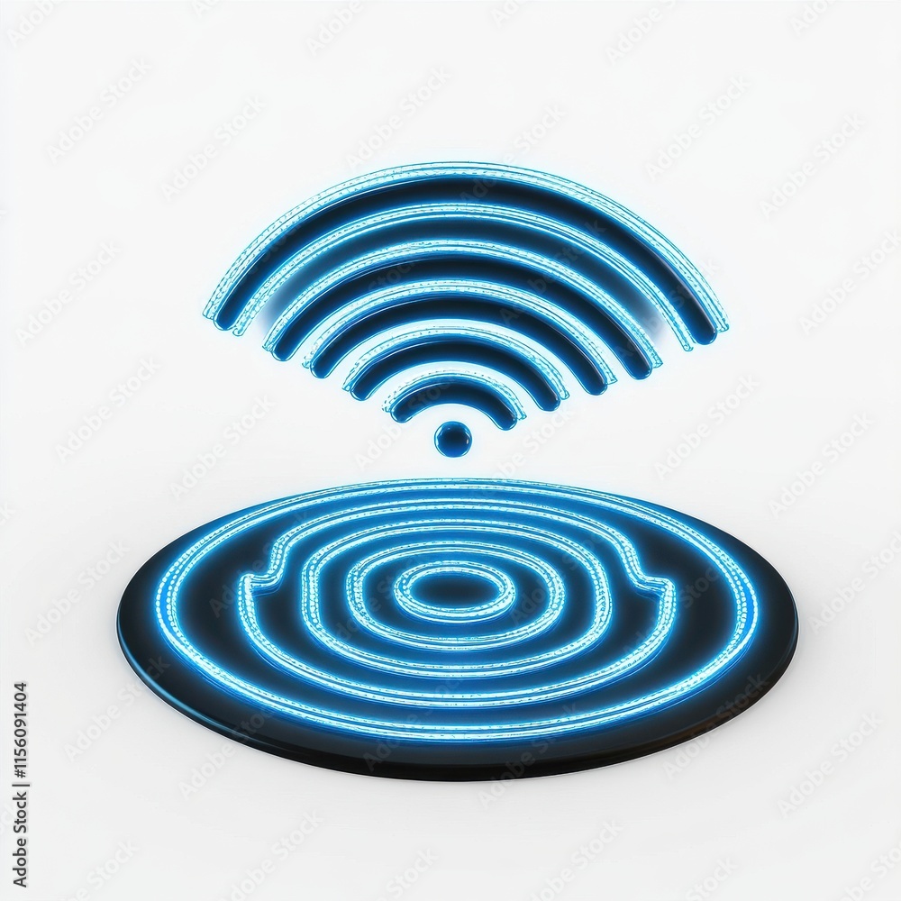 Poster a glowing blue wireless signal emanating from a circular base, symbolizing connectivity and technolo
