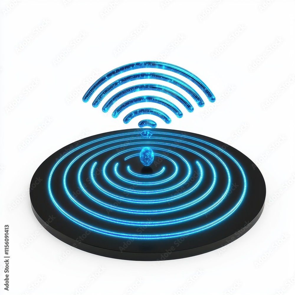 Poster a digital representation of wireless signals emanating from a central point, showcasing a futuristic