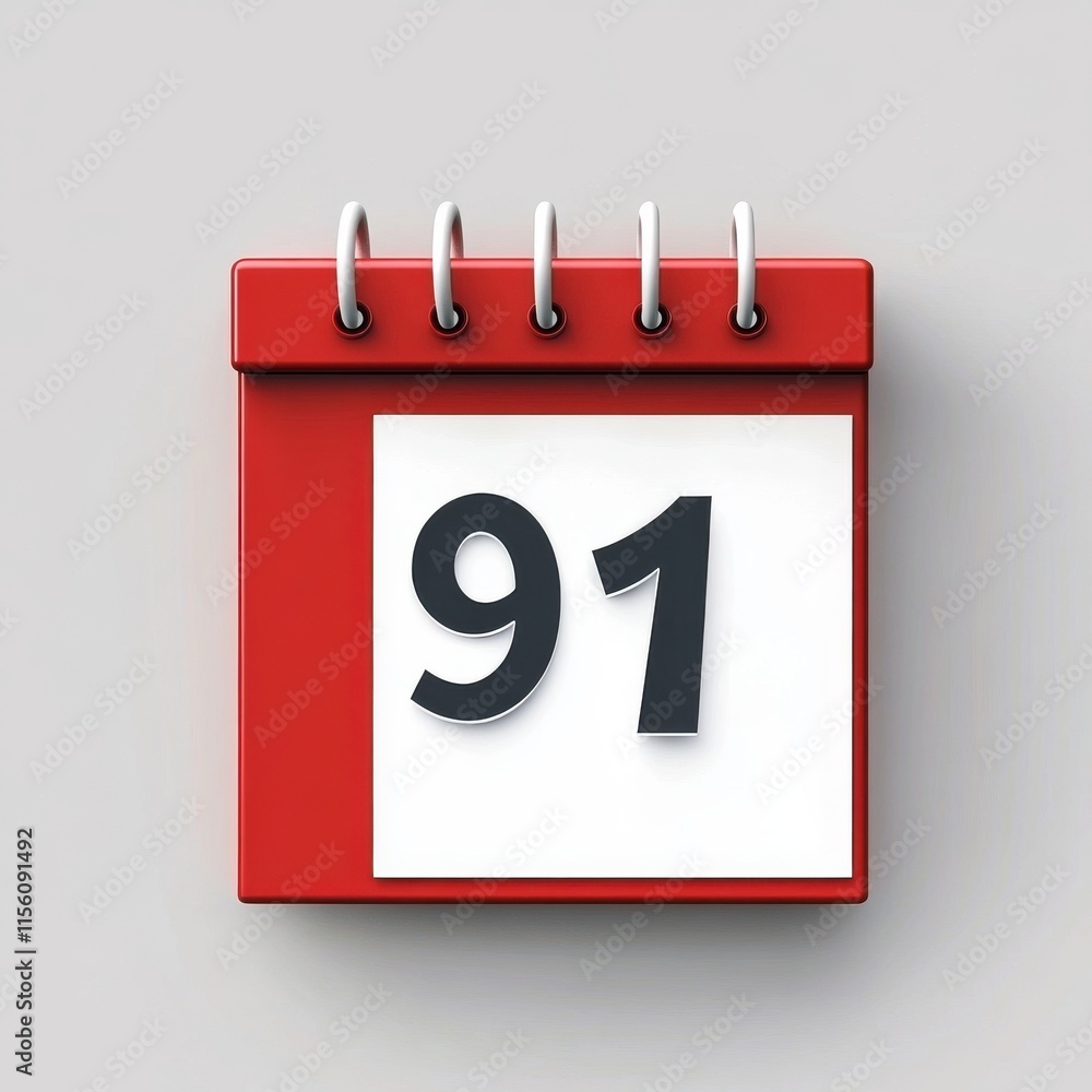 Poster a vibrant red calendar page showing the number 91, symbolizing an important date or countdown.