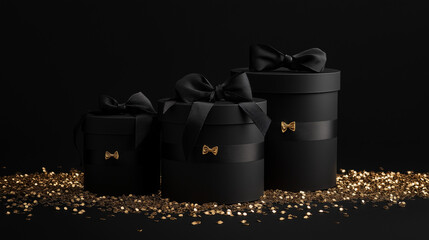 black gift boxes with black ribbon and golden confetti on black background