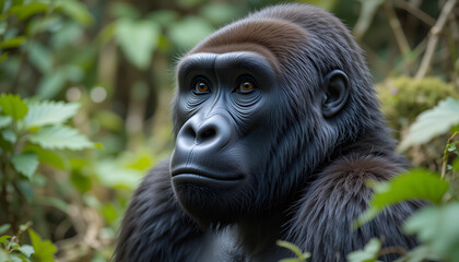 Obraz premium Close up of a wild mountain gorilla in its natural habitat, showcasing this rare and endangered species. The mountain gorilla, a big and charismatic creature, represents African wildlife.