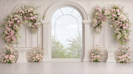 Elegant floral archways surrounding vintage window overlooking serene nature view