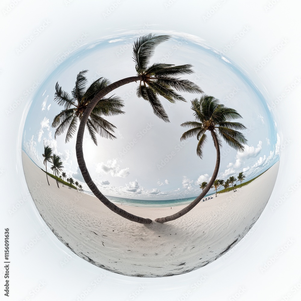 Poster scenic beach view with palm trees elegantly bending towards the sky, creating a serene tropical atmo