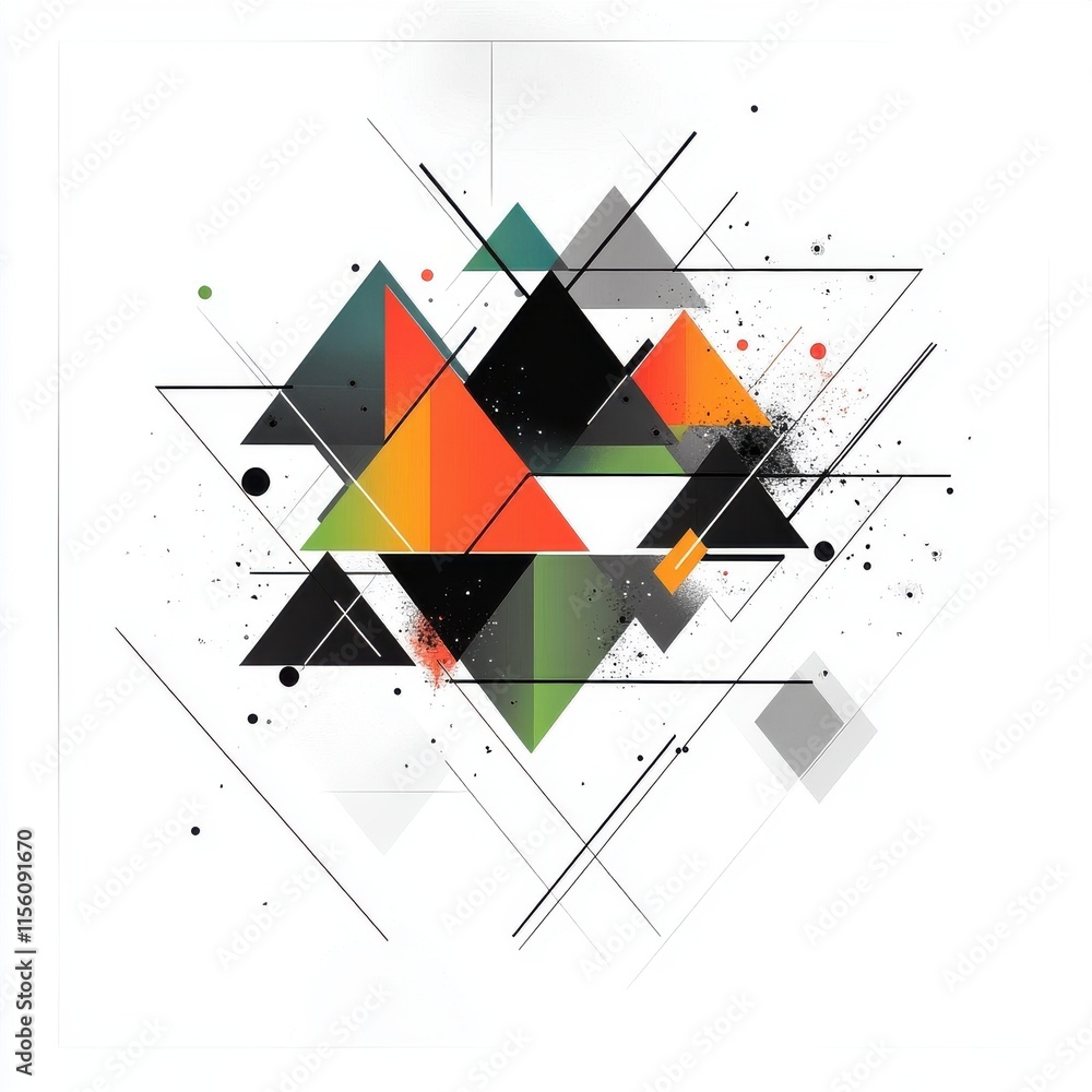 Poster colorful geometric abstract art featuring triangles and splashes, creating a vibrant and dynamic vis