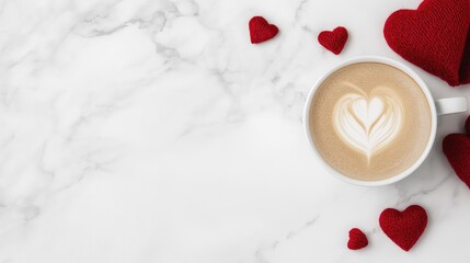 Heart latte art with red yarn hearts on marble surface for valentine's day
