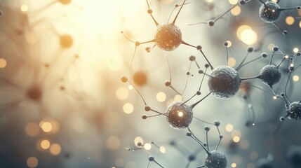 Microscopic view of interconnected nodes, glowing in warm light.