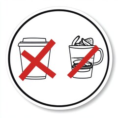 A clear prohibition sign featuring a coffee cup and a snack container, emphasizing no food or drink allowed.