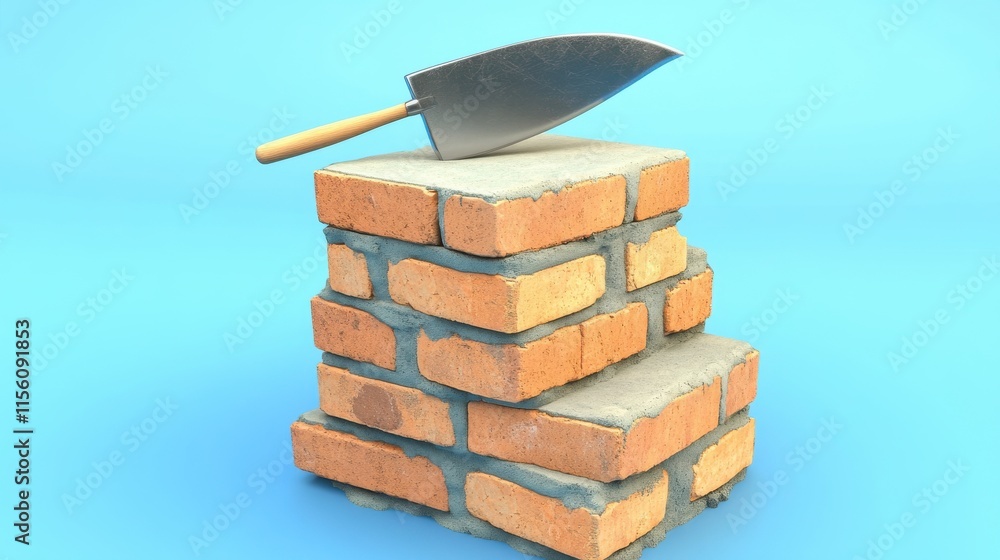 Aufkleber close-up of a stack of bricks with a trowel resting on top, symbolizing construction and craftsmansh