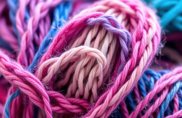 Close-up view of colorful yarn. Multicolored threads tightly bundled, interwoven. Various shades of pink purple, blue colors visible. Yarn fibers slightly fuzzy texture. Ideal for textile crafts like