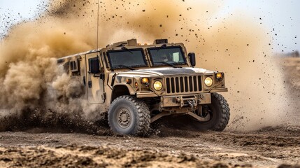 Fototapeta premium Armored Military Vehicle Driving Through Dusty Terrain with Powerful Motion, Showcasing Strength and Resilience in Challenging Environments and Action-Packed Situations
