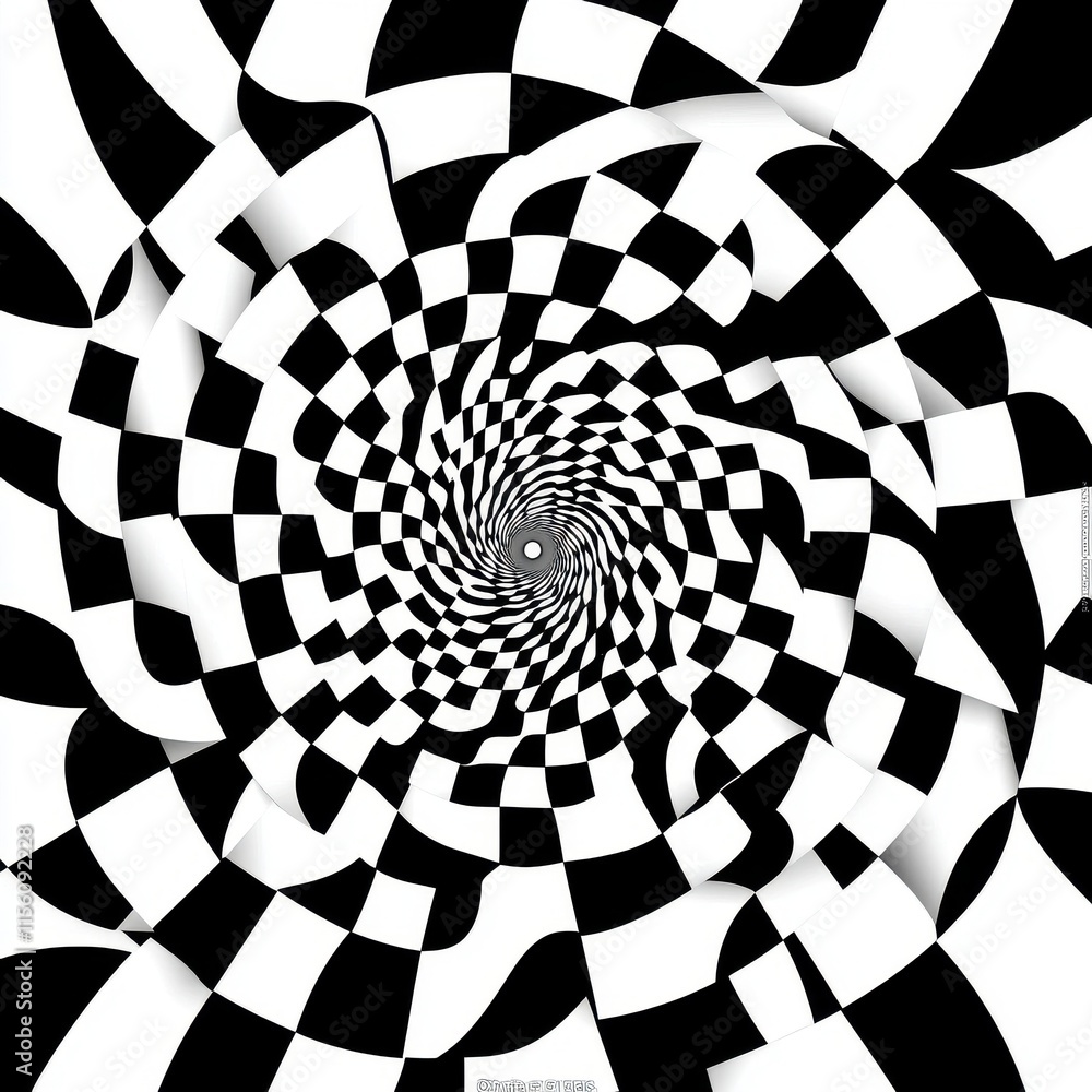Poster a mesmerizing black and white spiral pattern with a checkered design, creating a hypnotic visual eff