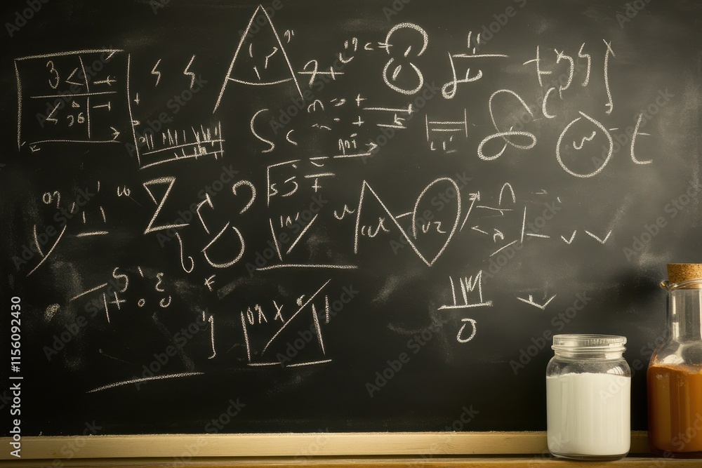 Poster chalkboard filled with complex mathematical equations and diagrams.