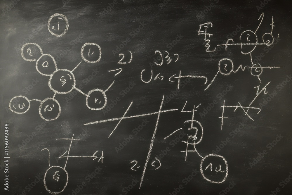 Poster a close-up of complex mathematical equations and diagrams on a chalkboard, showcasing creativity and