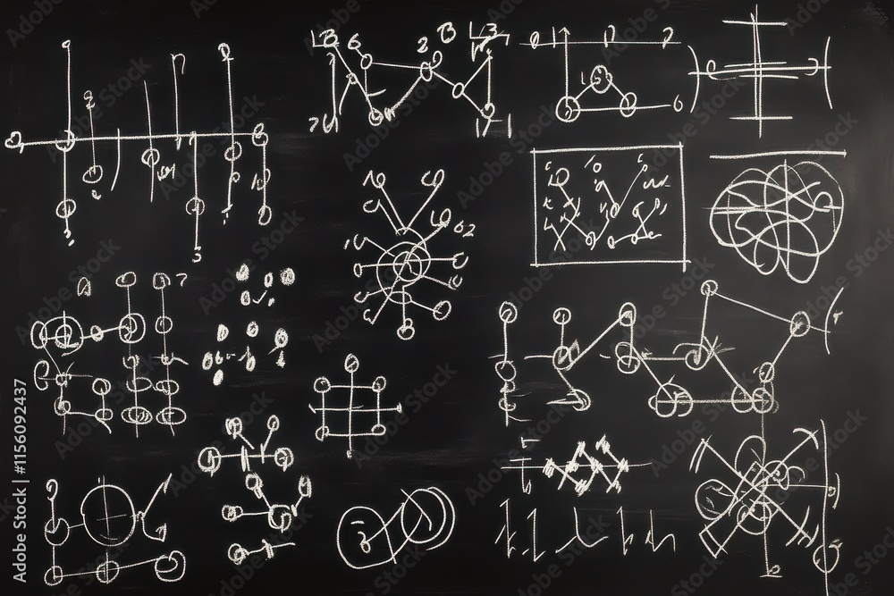 Poster abstract mathematical sketches on a chalkboard, showcasing complex equations and diagrams in white c