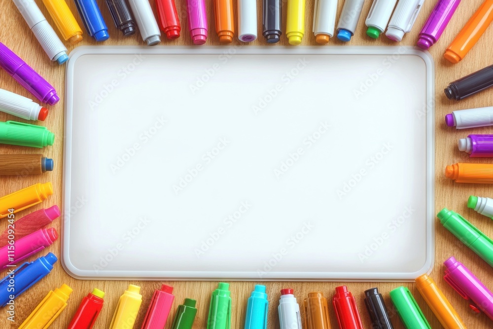 Poster a vibrant array of colorful markers surrounding a blank canvas, perfect for creative expression.