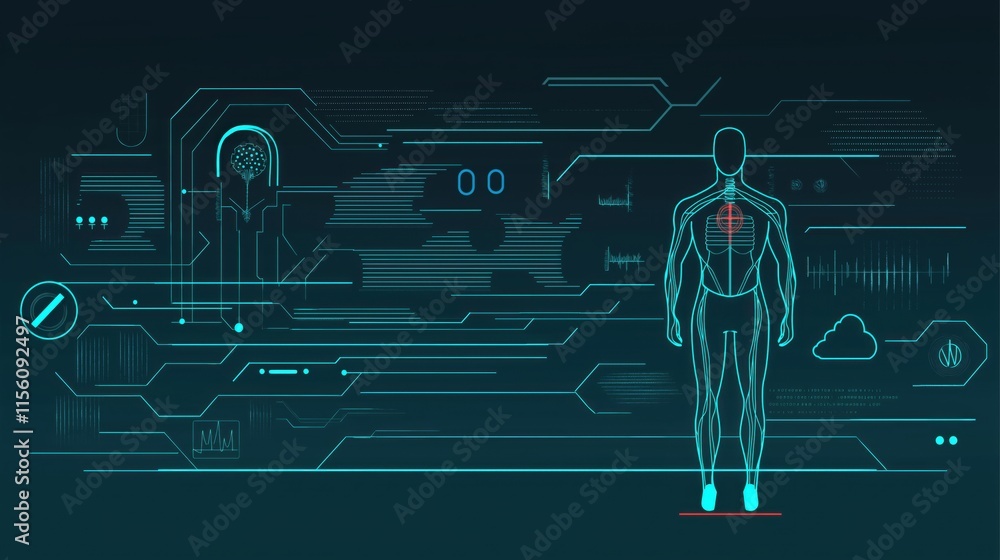 Poster digital human anatomy with futuristic interface and neural network elements