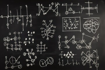 Abstract mathematical sketches on a chalkboard, showcasing complex equations and diagrams in white chalk.