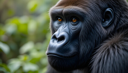 Obraz premium Close up of a wild mountain gorilla in its natural habitat, showcasing this rare and endangered species. The mountain gorilla, a big and charismatic creature, represents African wildlife.