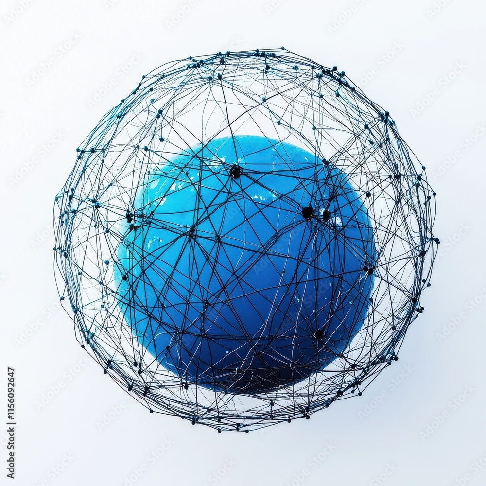 Poster a conceptual representation of a blue globe encased in a network of black interconnected lines, symb