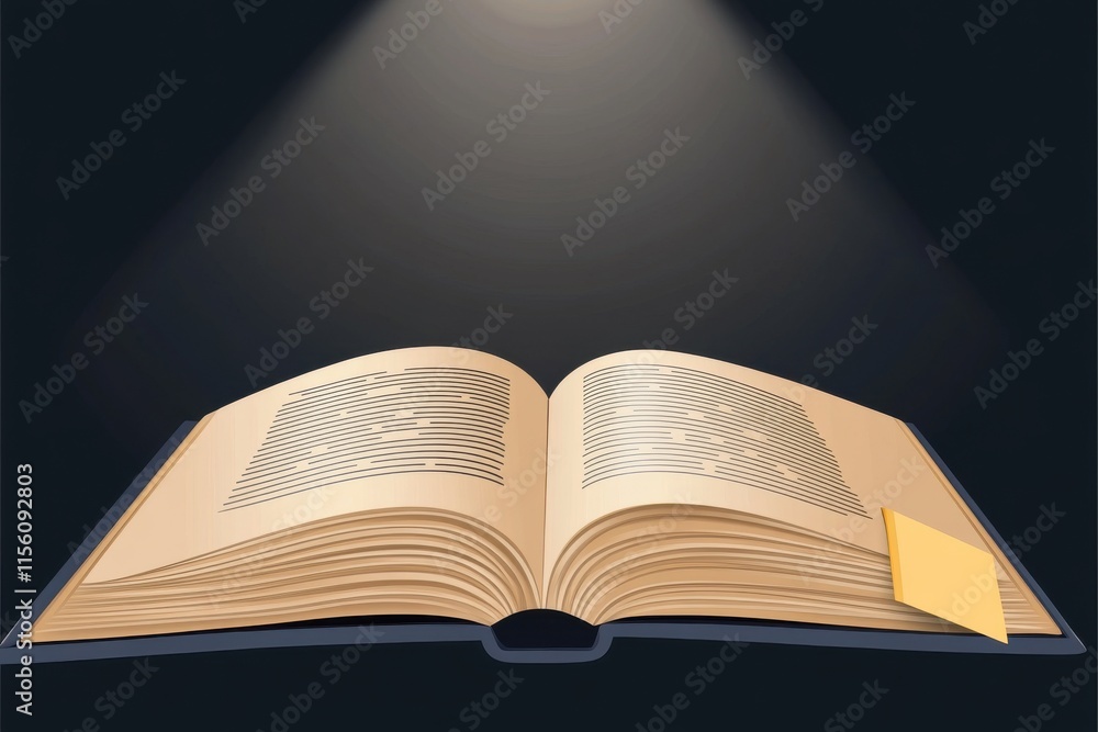 Poster an open book illuminated by soft light, featuring unmarked pages and a bookmark, symbolizing knowled