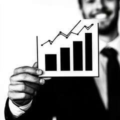Smiling Caucasian man in a suit holding a growth chart, representing business success and statistical improvement.